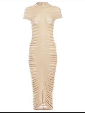 Ribbed Fit Midi Dress in Beige
